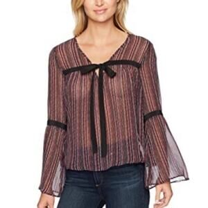 BCBGeneration Plum Sheer Striped Bell Sleeve Bow Blouse S Whimsigoth Piratecore